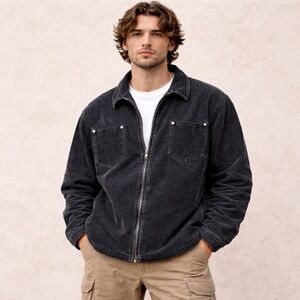 Vtg 90s Black Corduroy Zip Jacket Workwear Faded Mens XL Chore Barn Faded